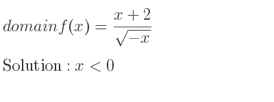 The domain of f(x)=(x+2)/(sqrt(-x)) is x<0